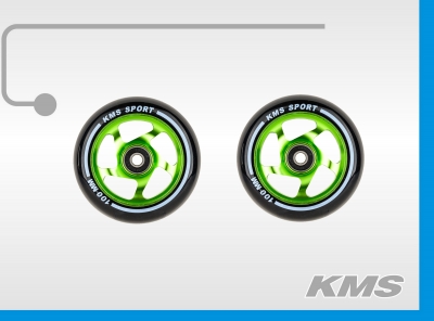 Колеса для трюковых самокатов, пара, алюминиевые, диаметр 100мм, с подшипниками, три цвета в ящике: зеленый, синий, красный; бренд  KMS.