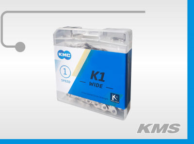 Цепь "KMC" K1-W, 112 зв., 1/2 X 1 1/8, цветная коробка, для bmx велосипеда, с никилиевым антикорозийным покрытием, с замком.