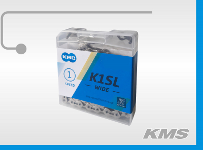 Цепь "KMC" K1SL-W, 112 зв., 1/2 X 1 1/8, цветная коробка, сверхпрочная облегченная, для bmx велосипеда, с никилиевым антикорозийным покрытием, с замком.
