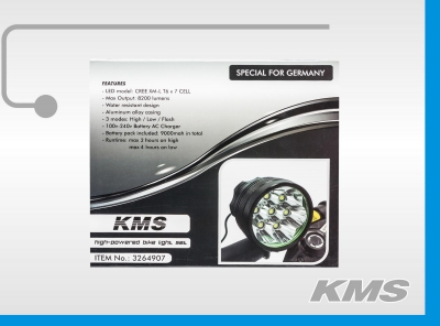 Фара  LED, передняя, алюминиевая, 8200 люмен, семь диодов, с акб 8.4V, 3 режима работы, "KMS"