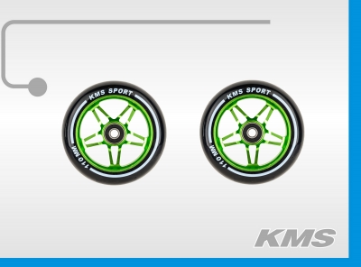 Колеса для трюковых самокатов, пара, алюминиевые, диаметр 110мм, с подшипниками, три цвета в ящике: зеленый, синий, красный; бренд  KMS.
