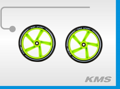 Колеса для самокатов, пара, диаметр 200мм, надпись на колесах "KMS SPORT 200MM", цвета в ящике: 8 синих, 6 зеленых, 6 красных.